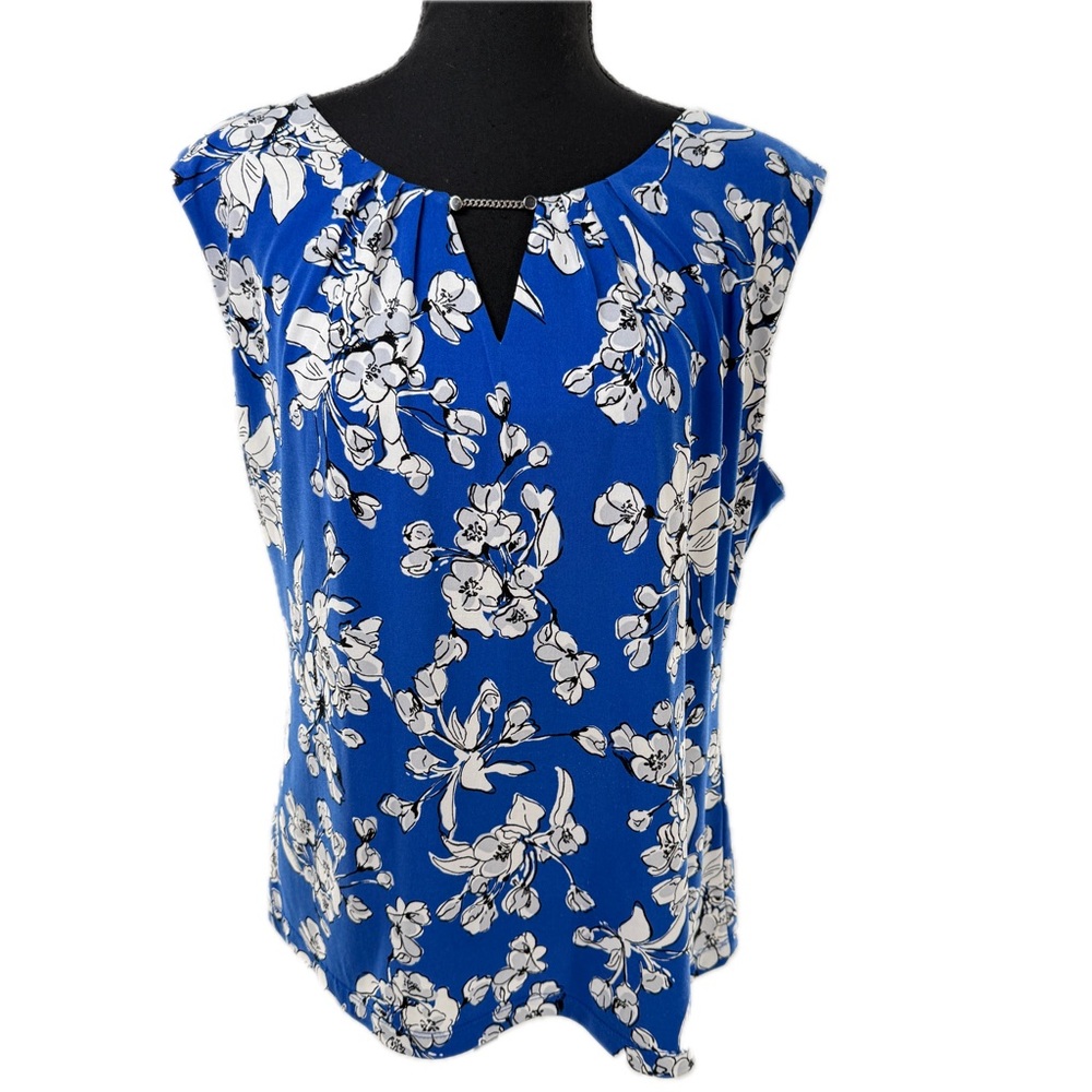Ivanka Trump Floral Blue/White Sleeveless Career Blouse Keyhole Neck Size Large - Picture 4 of 16